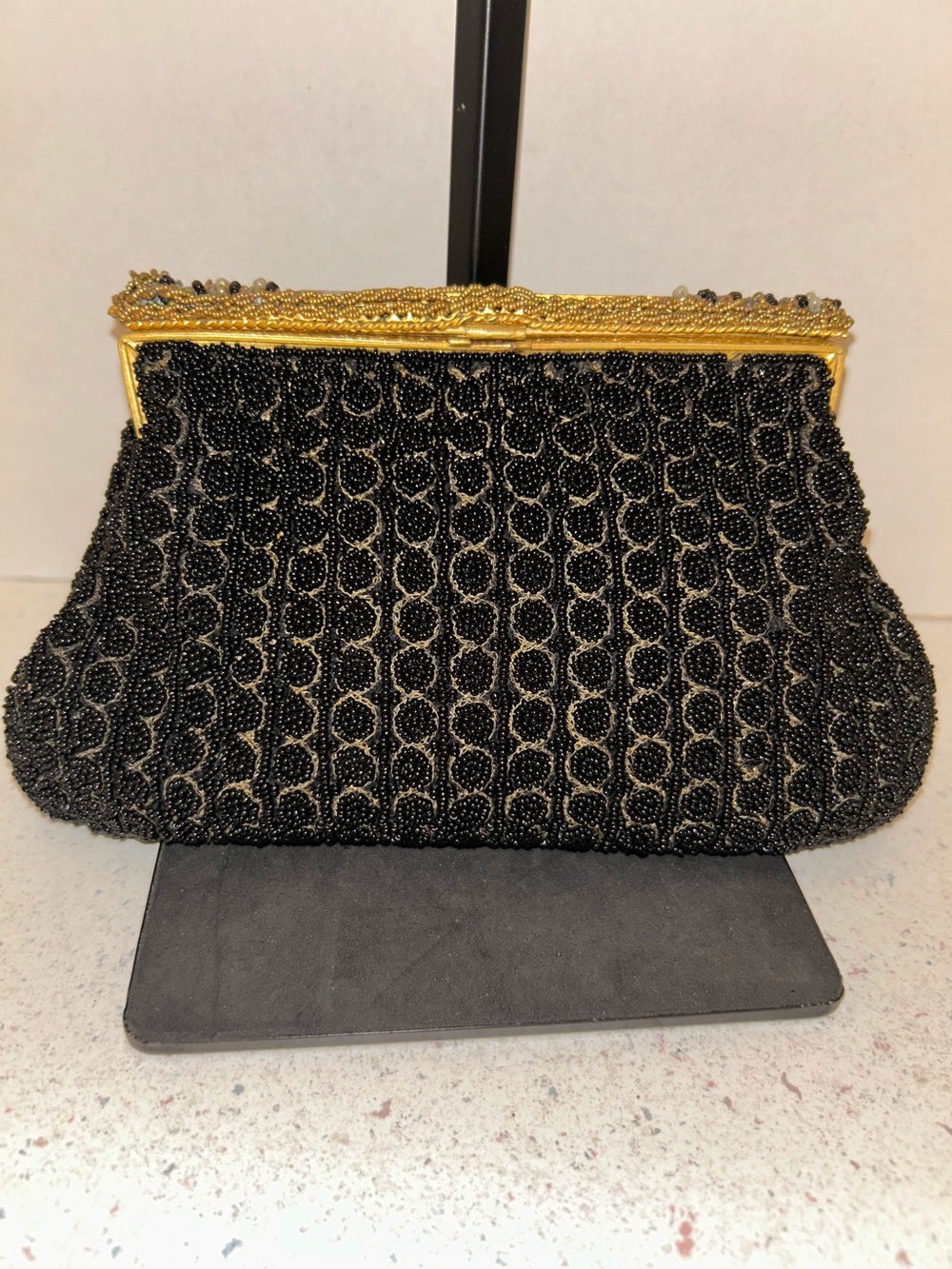 Vintage Saks 5th Avenue Black Beaded Evening Clutch with Gold Frame
